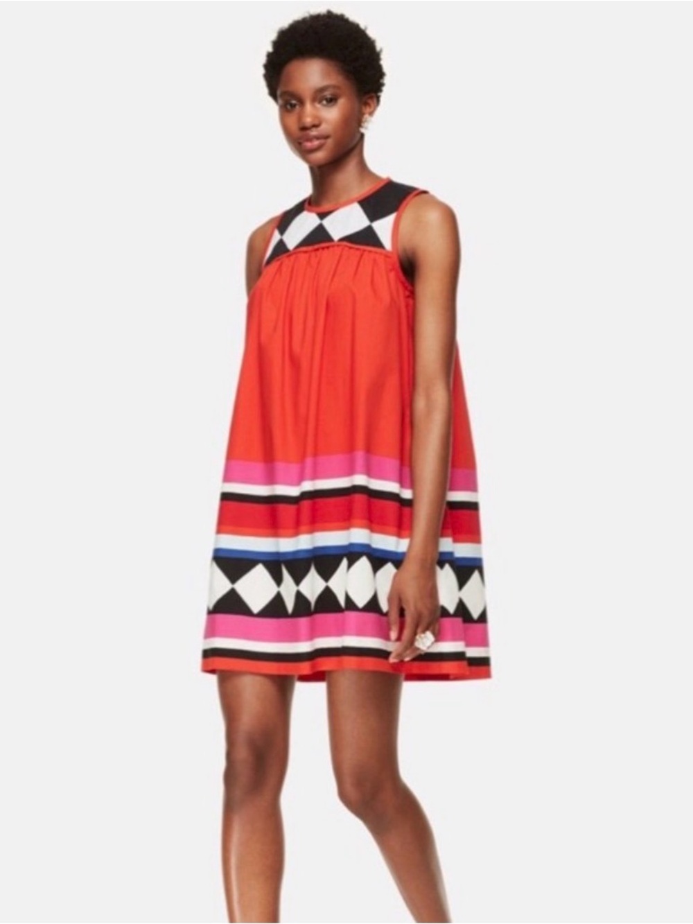 Kate Spade New York 100% Cotton Geometric Cherry Red Babydoll Mini Dress XS $348